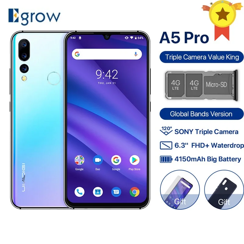 UMIDIGI A5 PRO Android 9 0 четыре ядра 16 МП тройная камера 4150 мАч 4 Гб 32 ГБ 6 3 дюйма FHD + дроп