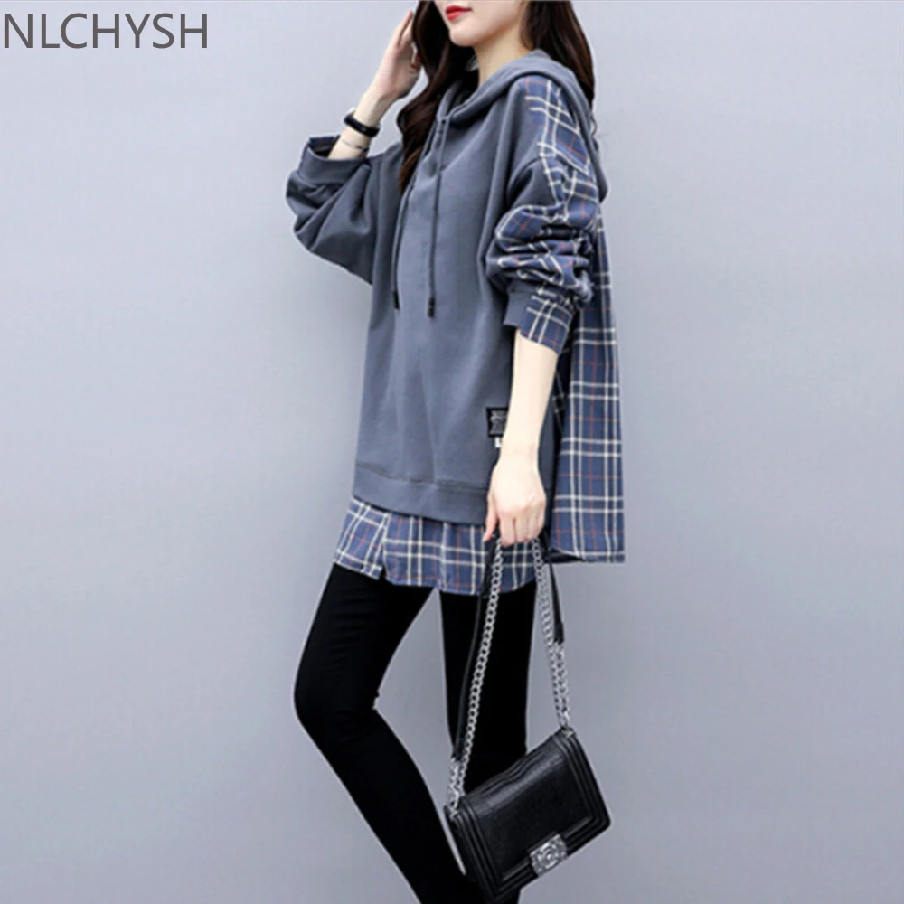 

Women Casual Fake Two Piece Hoodies Sweatshirts Fashion British Style Fake Plaid Shirt Loose Spring Pullover