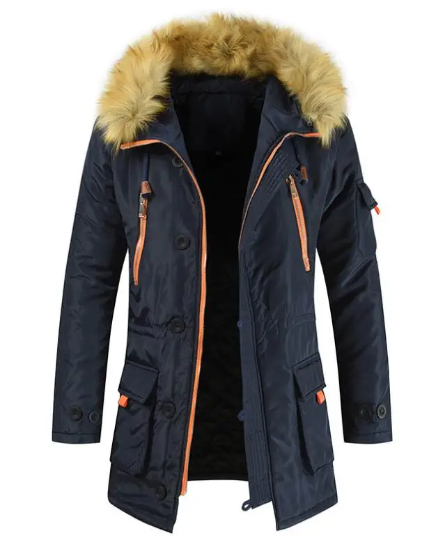 Mid-Length Padded Jacket Men Thick Warm Parkas Fur Collar Outwear Thick Parka Fur Hood Warm Overcoat