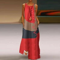 women dress vintage o neck summer sleeveless color block wavy line pockets long loose dress woman fashion 2021 vestido de mujer