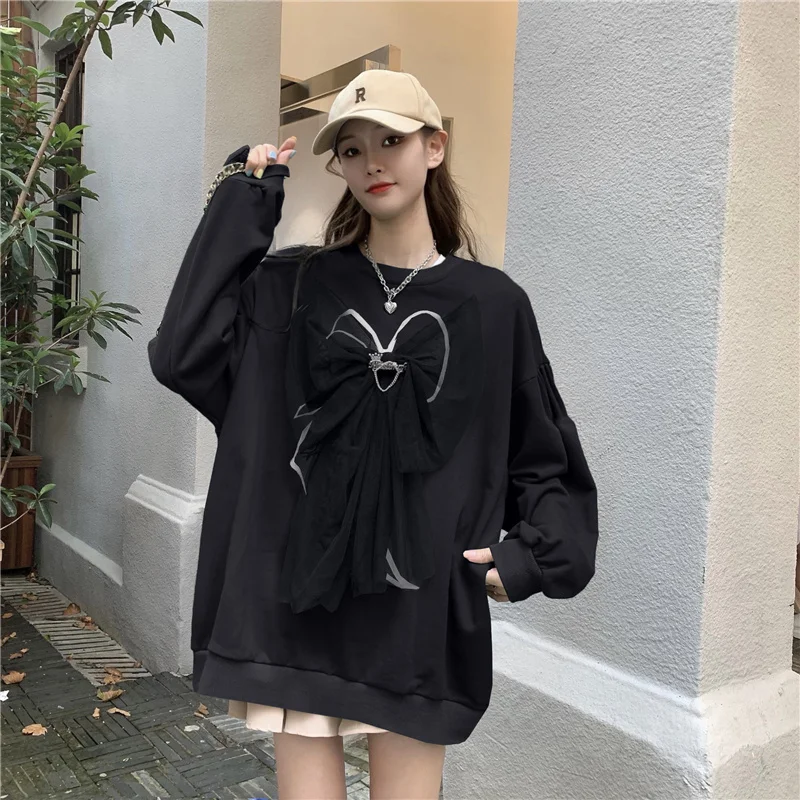 

5511 Contrasting bow net yarn loose mid-length pullover long-sleeved Sweatshirts