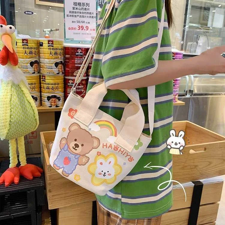 

Summer cute little bag ancient style cute color printed bear soft girl student Canvas Shoulder Bag