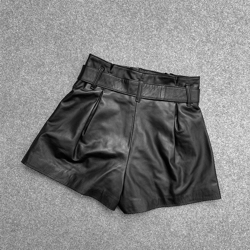 Autumn Spring Womens Shorts Casual Real Genuine Leather Short Black Feminino Sexy Party Fashion Streetwear Short Pants Clotes
