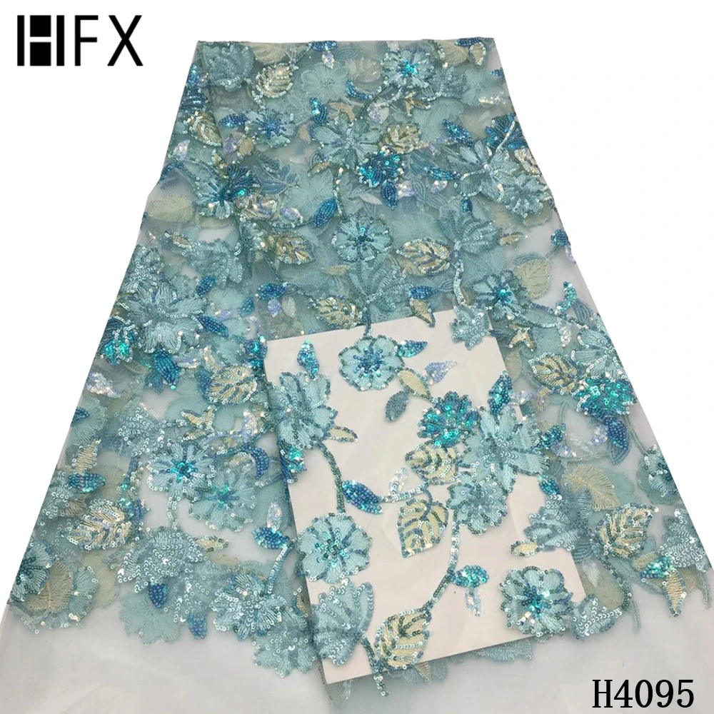 

HFX Popular sequin flowers embroidery lace fabric embroidery French mesh lace for evening dress party design wholesale H4095