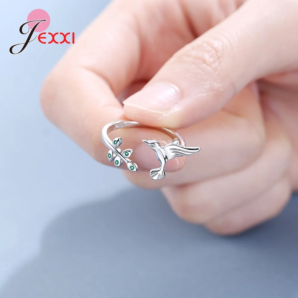 

High Quality 925 Sterling Silver New Fashion Women Jewelry Rhinestone Zircon Leaf Bird Simple Opening Adjustable Ring Bojoux