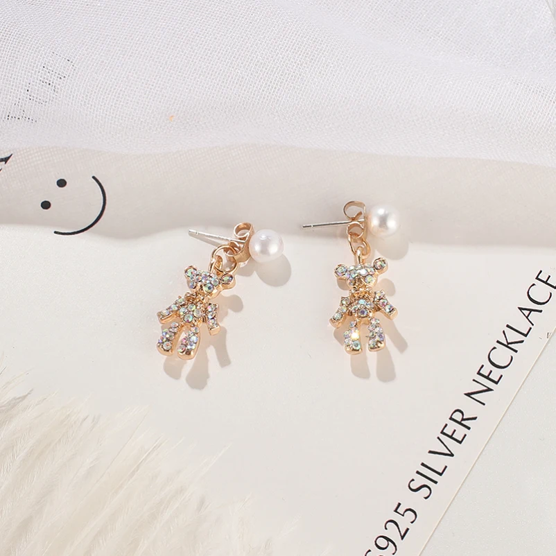 

Silver Plated Needle Simulated Pearl Drop Dangle Earrings Glittering Cute Bear Alloy Jewelry For Women