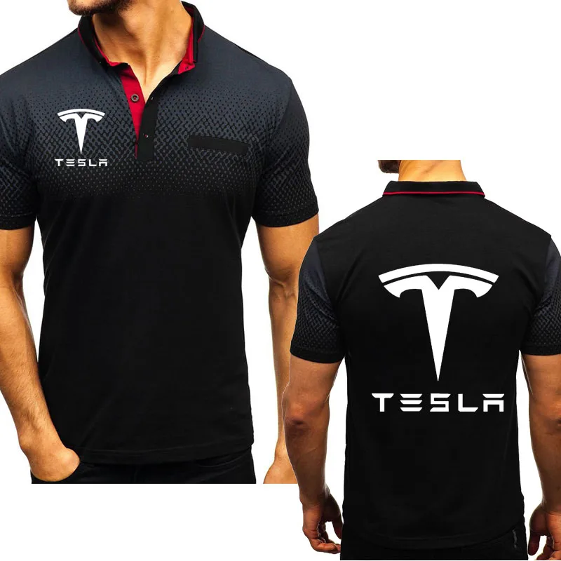

New in 2021 Summer Men's Polo shirt Tesla Car Logo Printed High Quality Cotton Gradient casual Men's Short sleeve 33