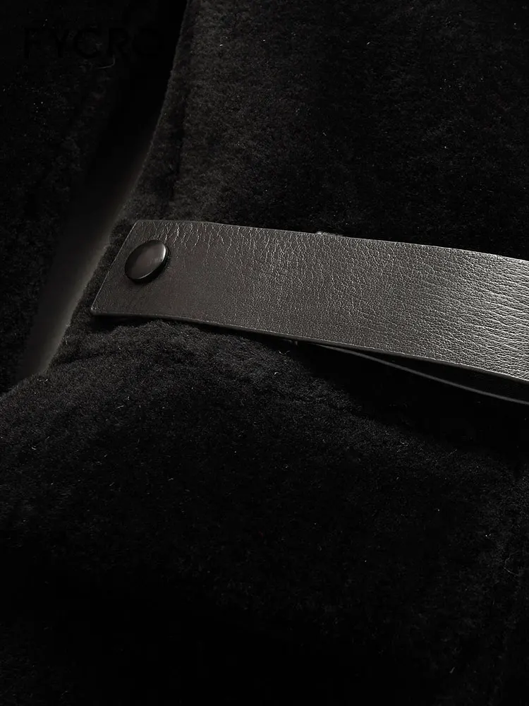 

100% Winter Men Men's Woolen Sheep sheared Fashion Black Trench Coat Long Male Genuine Leather Jacket