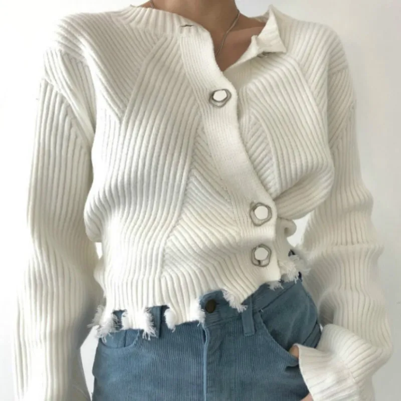 

Cropped Cardigan Women Sweater Fall 2020 Korean Fashion Chic Buttons High Waist Long Sleeves Ripped Knitted Tops Woman Clothes