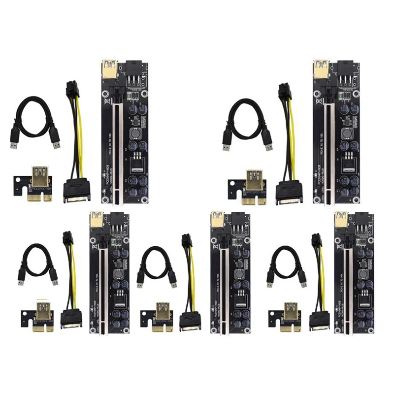 

5 шт., Райзер-карта VER009S Plus PCI Express, 1X до 16X, PCI-E, SATA, 6 контактов, 0,6 м, USB-кабель 3,0 для майнинга BTC, LTC Mining