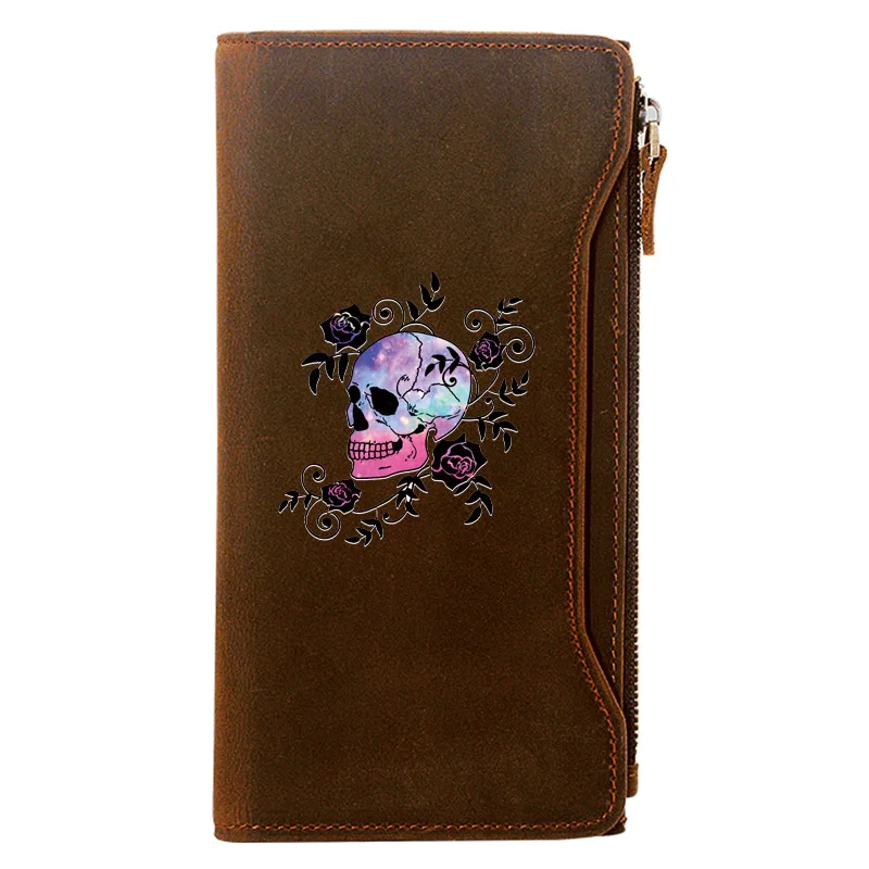 

Colorful Skull Credit Card Holder Package Genuine Leather Zipper Wallet Men Charm Long Clutch Purse Gift