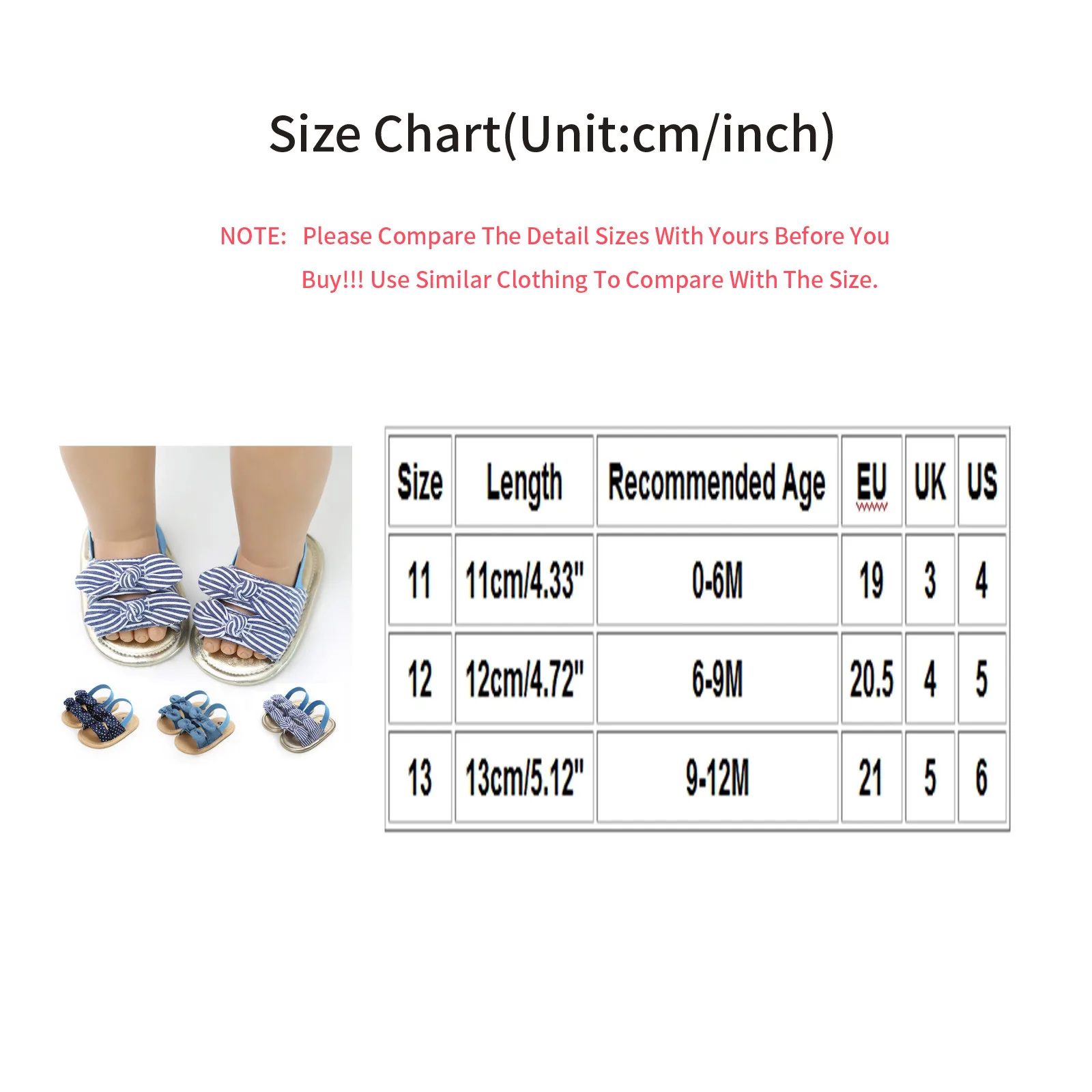 

Newborn Baby Girls Shoes Cute Lovely Summer Cotton Cloth Sandals Striped Plaid Denim Bowknot Anti-Slip Soft 0-18M Infant#4
