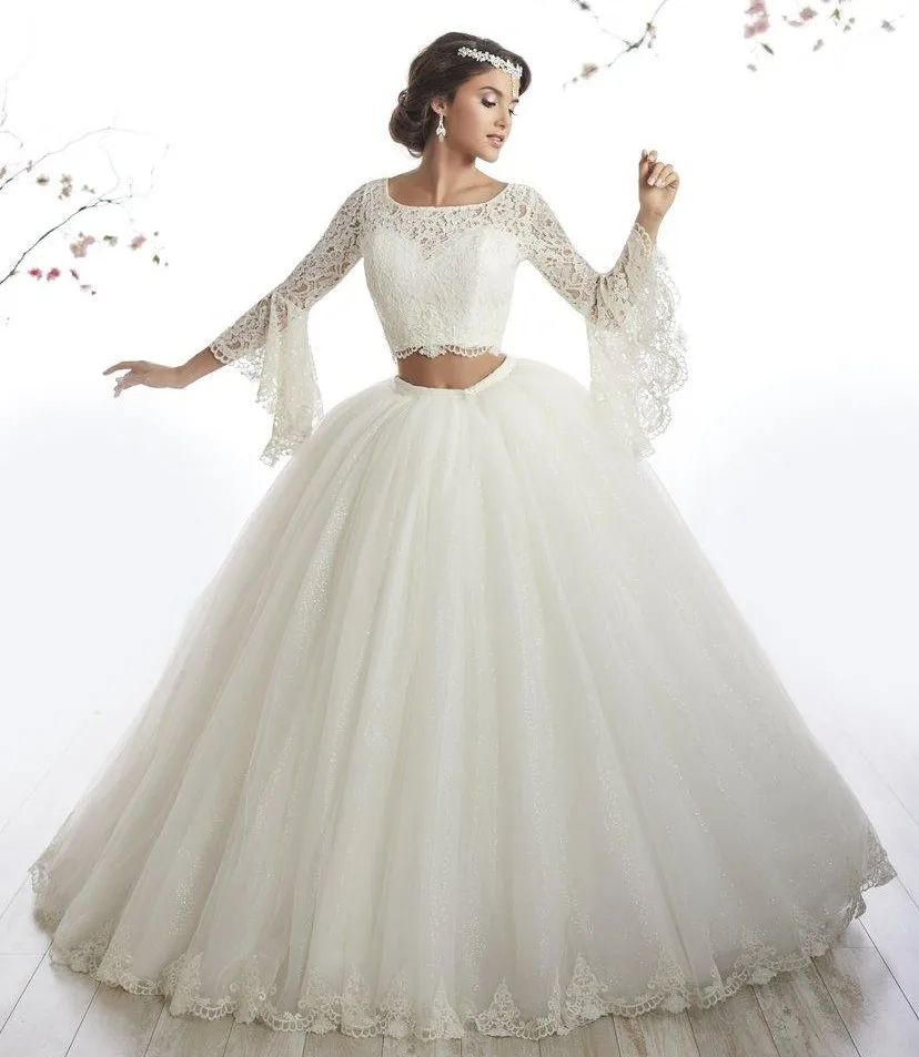 

Arabic Style Ivory Lace Long Sleeve Two Piece Quinceanera Dress Gowns vestidos de 15 anos debutante Ball Gown Long Prom Dresses