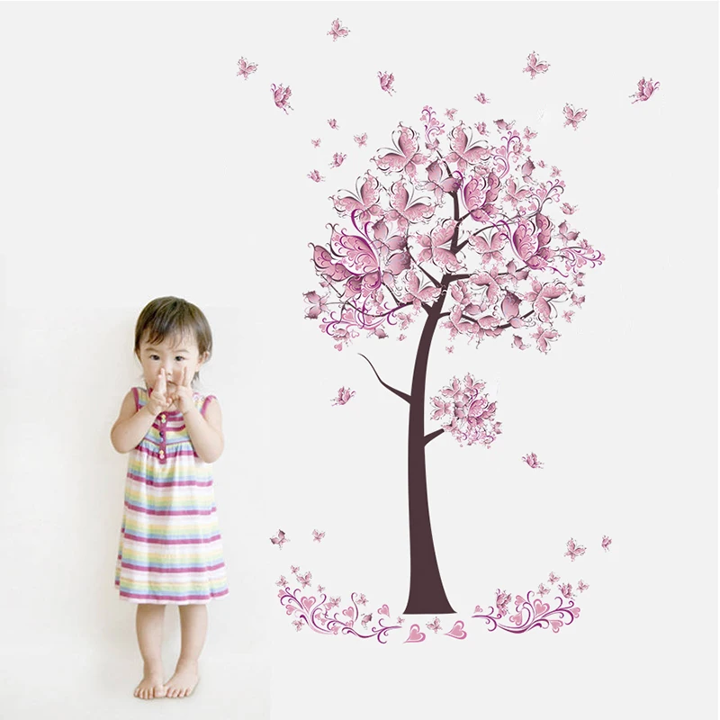 Настенные виниловые наклейки с розовыми бабочками цветами и деревьями | Дом сад
