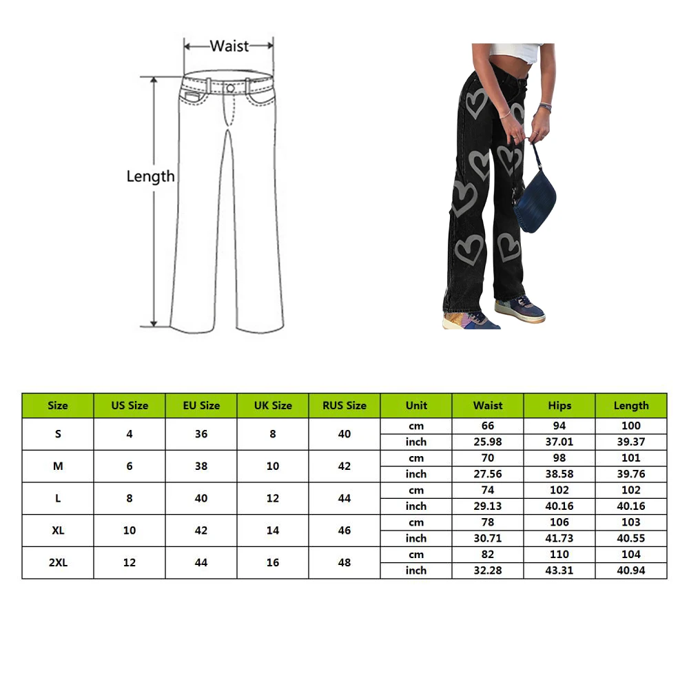 

Hot Sale Ladies Vintage Heart Printed Baggy Jeans Women High Waist Harajuku Jeans Denim Streetwear 90s Denim Trousers