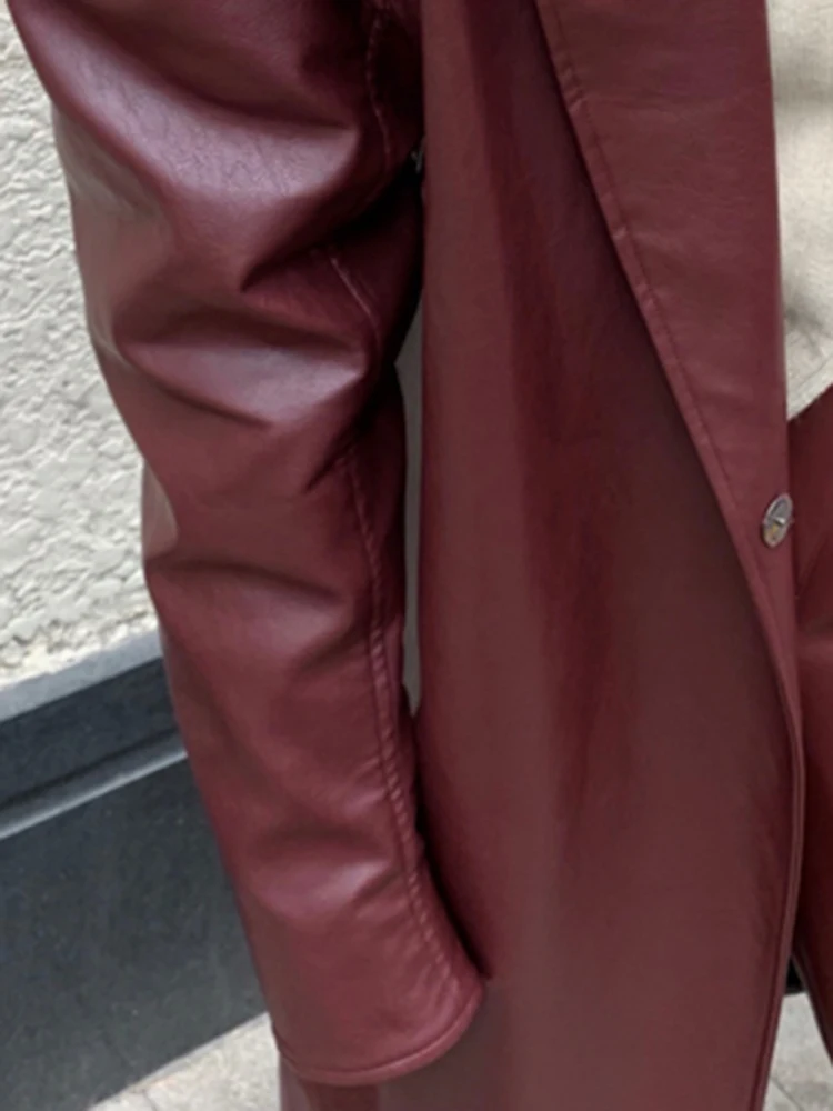 Lautaro Осенний длинный оверсайз винно-красный кожаный плащ для женщин с лацканами