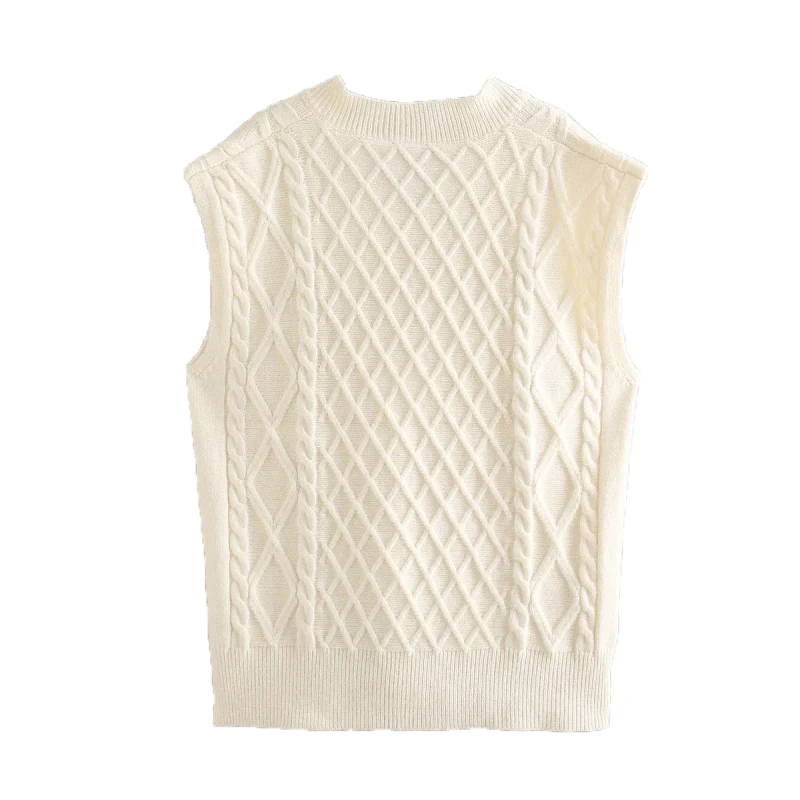 

ZXQJ New Women Knitted Twist Jumpers Solid Sleeveless Pullover Beige Leisuare Sweater Coat Female Vintage Waistcoat