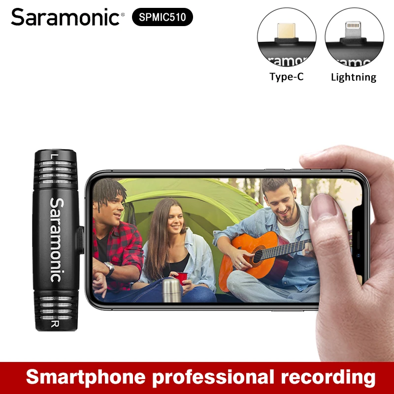 

Компактный стереомикрофон Saramonic SPMIC510 Di/UC с функцией подключения и воспроизведения, с двойным конденсаторным разъемом Lightning/Type C для iPhone, Android