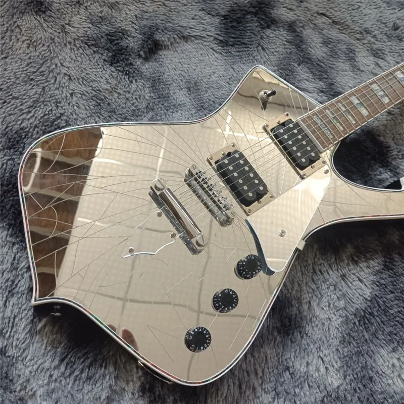 

2021 HOT!New High-Quality 6-String Electric Guitar, Shaped,Silver Mirror,Black Paint,Abalone Inlay,Fixed Bridge,Free Shipping
