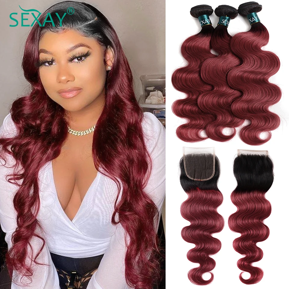 Sexay Burgundy Body Wave Hair Bundles With Closure 10A Brazilian Remy Human Hair Wavy Style Wine Red Ombre Bundles With Closure