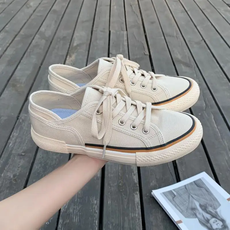 

Classic Design Canvas Vulcanize Shoes Women Autumn Flat Sneakers Lace Up 2021 Autumn New White Shoes Female Casual Sneakers