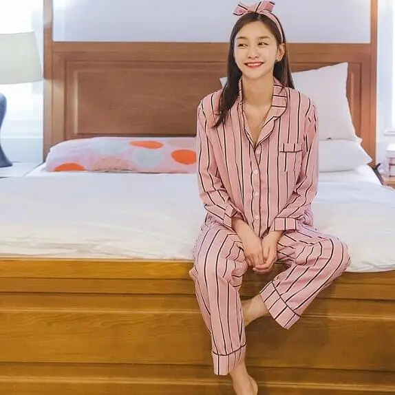 Spring 2020 New Women Pajamas Turn-down Collar Sleepwear 2 Two Piece Sets Shirt+Long Striped Pajama Set DC813 | Женская одежда