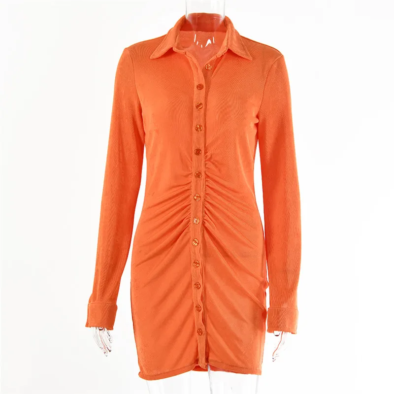 

robe femme 2021 Pleated Long Sleeve shirt Dress Women Turn-Down Collar Green Orange Single breasted beach Female Mini Dresses