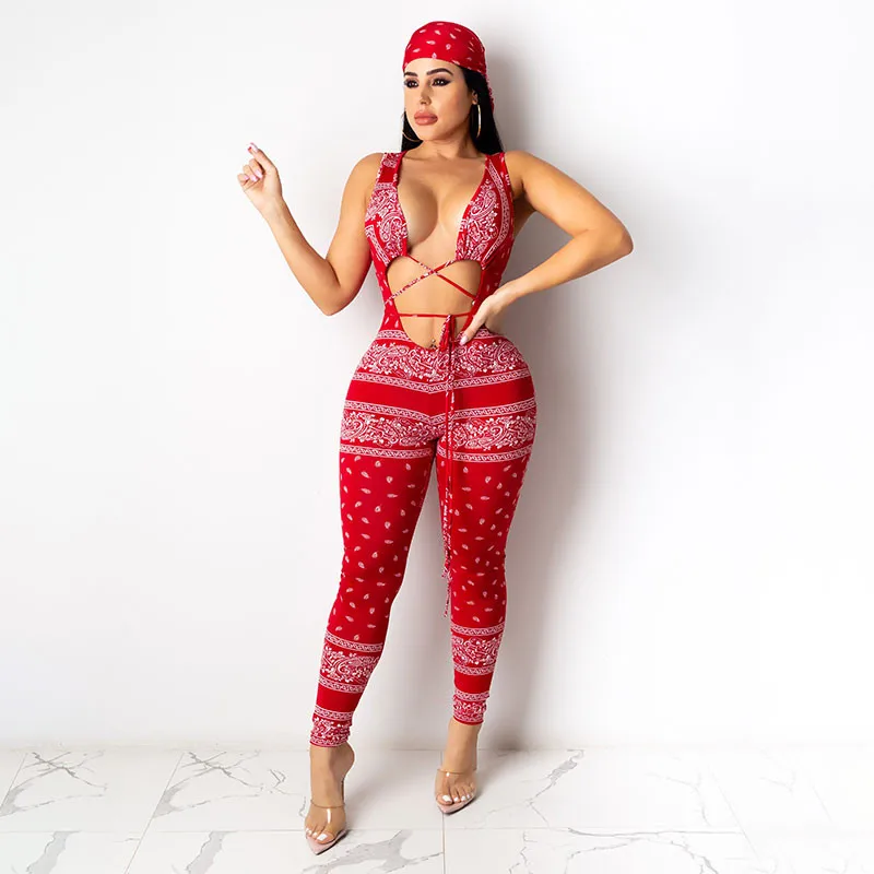 ANJAMANOR Bandana Jumpsuits for Women 2020 Clubwear Sexy One Piece Outfit Plus Size V Neck Hollow Out Bodycon Rompers D42-CB28 | Женская