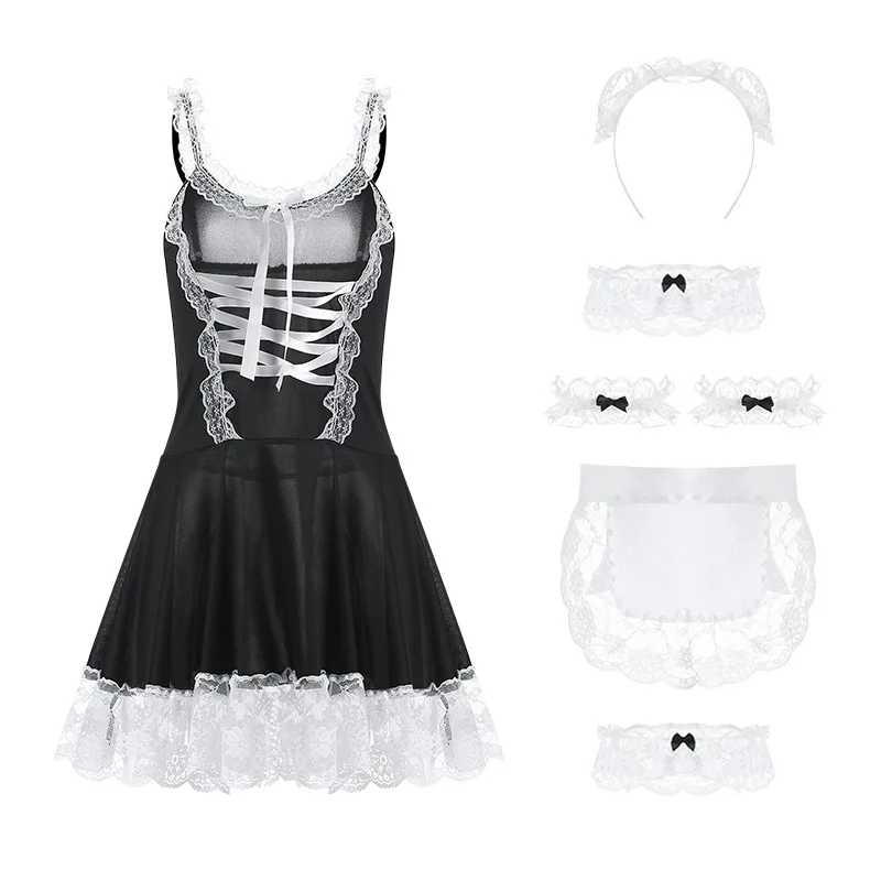 

New 2020 black sexy maid outfit student uniform role-playing lace deep V hollow nightdress sleepwear suit 7-piece set