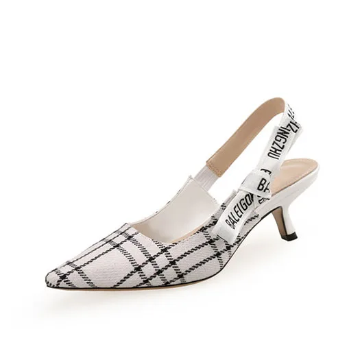 White Plaid 6cm В горошек новинка меш туфли на низком каблуке Указательный палец Размер 4 34 насосы Slingback черный средняя пятка стилет галстук-бабочка сандалии новая Лето китайская мода Китай - Цвет: White Plaid 6cm