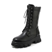 Botas de poliuretano engrossado interno único tubo médio feminino meados de bezerro zip plataforma botas dedo do pé redondo salto alto (1)