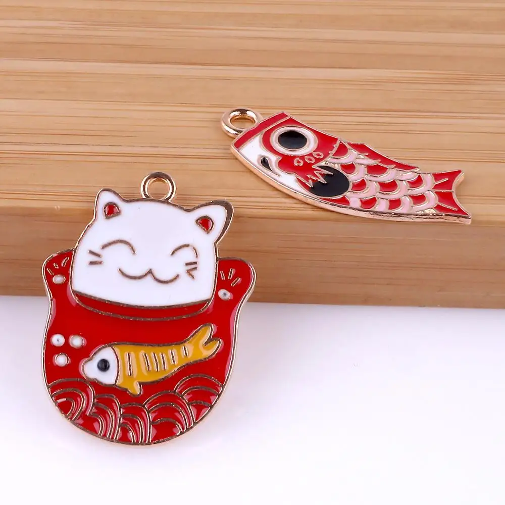 10 шт./лот очаровательные эмалевые Подвески в виде кошки и рыбы на удачу ожерелья с
