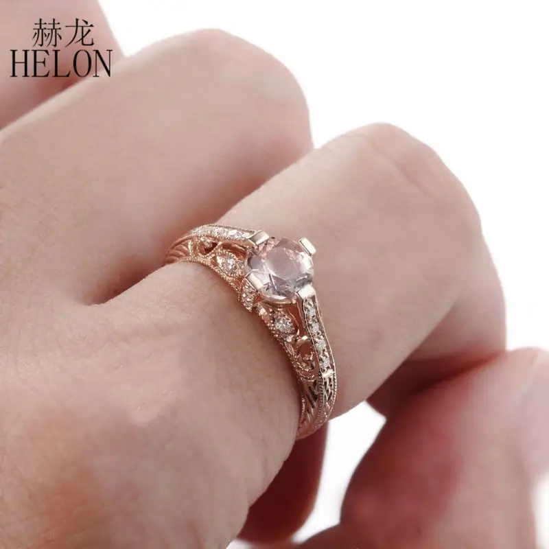 

HELON Solid 10K Rose Gold Flawless Round 6mm Genuine Morganite Engagement Wedding Ring For Women Birthday Anniversarry Best Gift