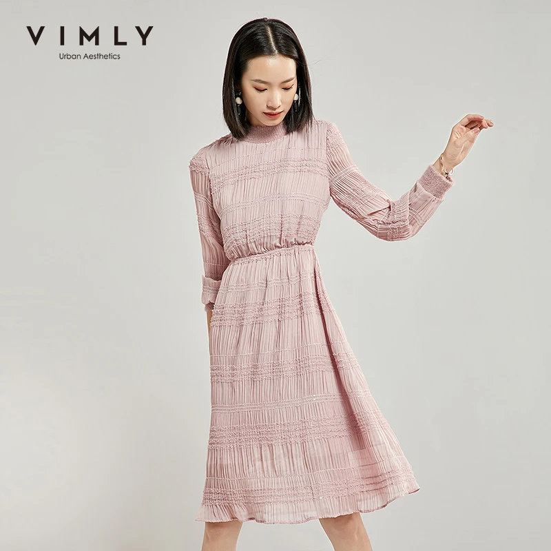 Женское шифоновое платье Vimly элегантное однотонное офисное с круглым вырезом и