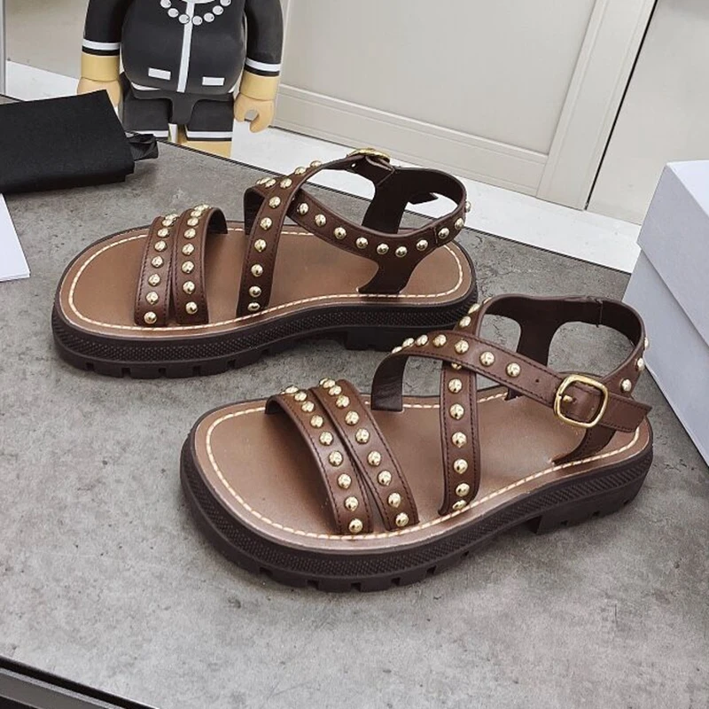 

Summer New Rivet Cross Strap Flat Sandals Female Leather Open Toe Thick Sole Retro Casual Roman Shoes