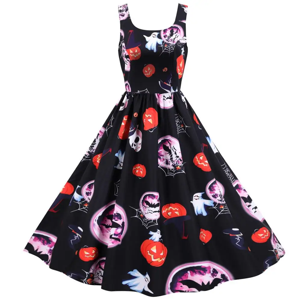 

Women Vintage Halloween Dresses Gothic Halloween Printed Sleeveless Evening Party Prom Dress Female vestidos Q40