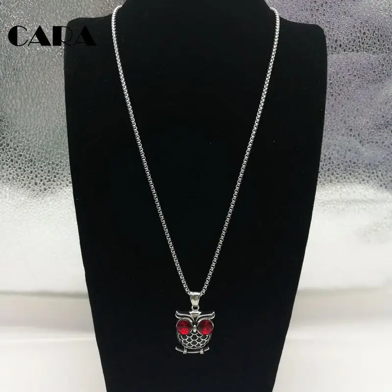 

2020 New 316L stainless steel Red rhinestone eyes night owl charm necklace men women fashion animal necklace pendant CARA0319