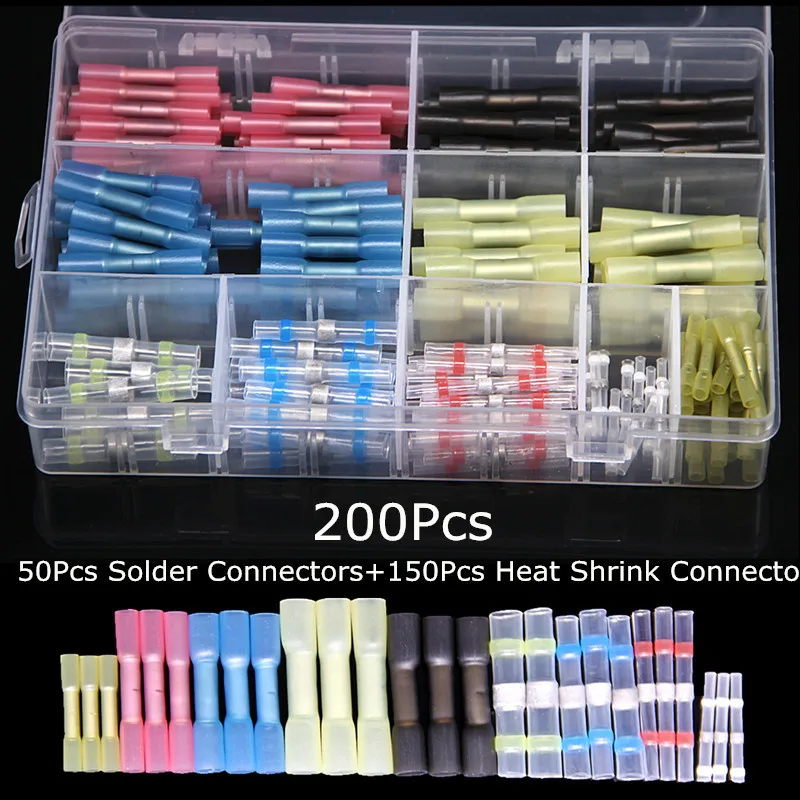 

200 шт. термоусадочная муфта для стыковой стыковки, медные соединители, клеммы 22-12AWG для проволочной стыковой пайки, комплект