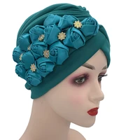 elegant rose flowers womens cap ready turban hats muslim headscarf bonnet female head wraps india african hat headtie