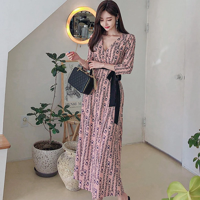 

Chain Print Elegant Vacation Long Dress Women V-neck Slim Vintage Bohemia Summer Dresses Simple Ankle-length Vestidos Female