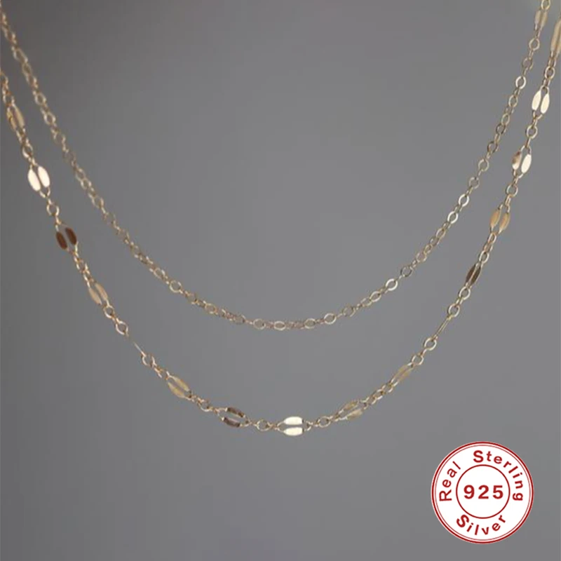 

GS 925 Sterling Silver Shiny Lace Chain Necklace 18k Gold Plated Double Layered Necklace Clavicle Chain for Women Party Gift