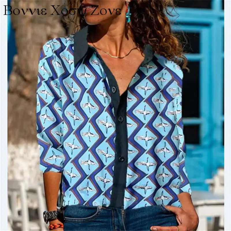 Women Turn-down Collar Plaid All Over Print Long Sleeve Loose Button-up Blouse