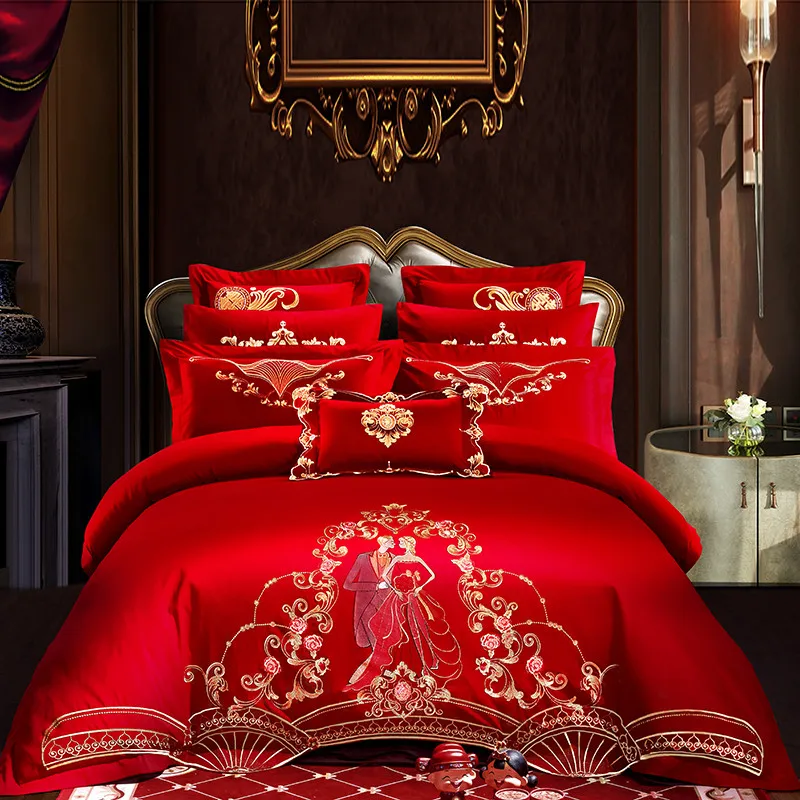 

Chinese Style Pure Cotton Embroidery 4pcs Duvet Cover Bed Sheet Pillowcases Dragon Phoenix Big China Red Wedding Bed Set