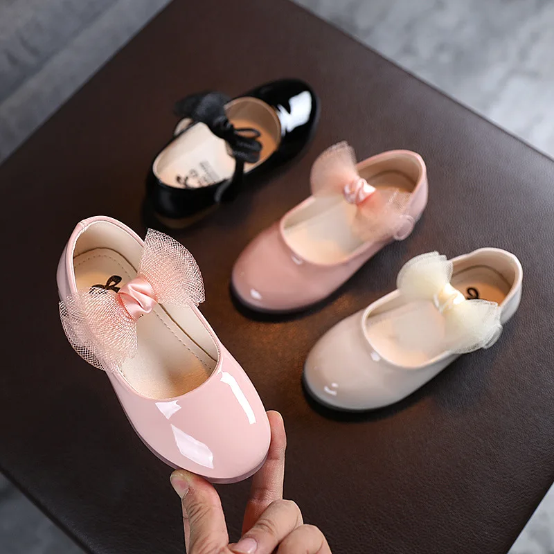 

Children Leather Flats For Toddlers Girls 2022 Brand New Spring Autumn Kids Dress Shoes PU Patent Leather With Lace Bowtie Sweet