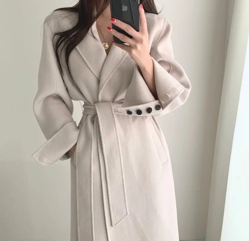 Бежево черное элегантное шерстяное длинное пальто Европейская мода Женское