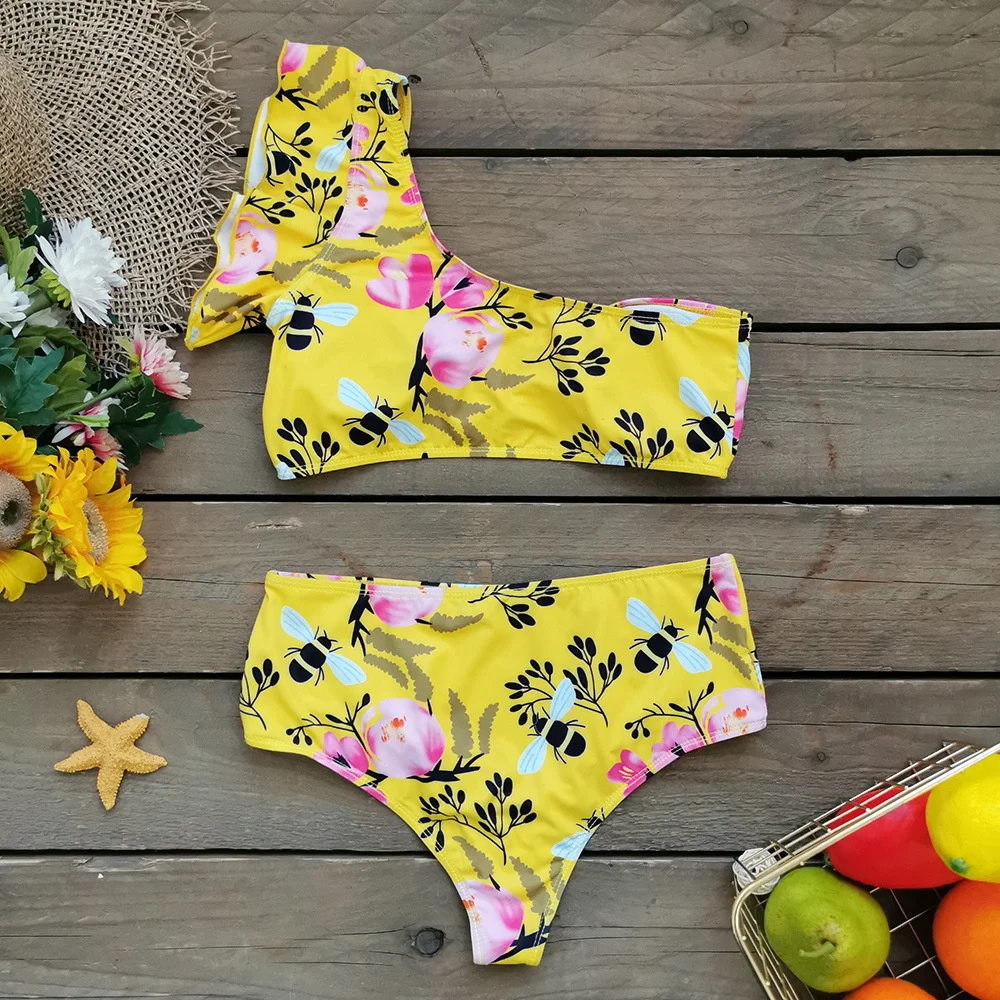 

2021 split bikini one shoulder strap high waisted swimsuit