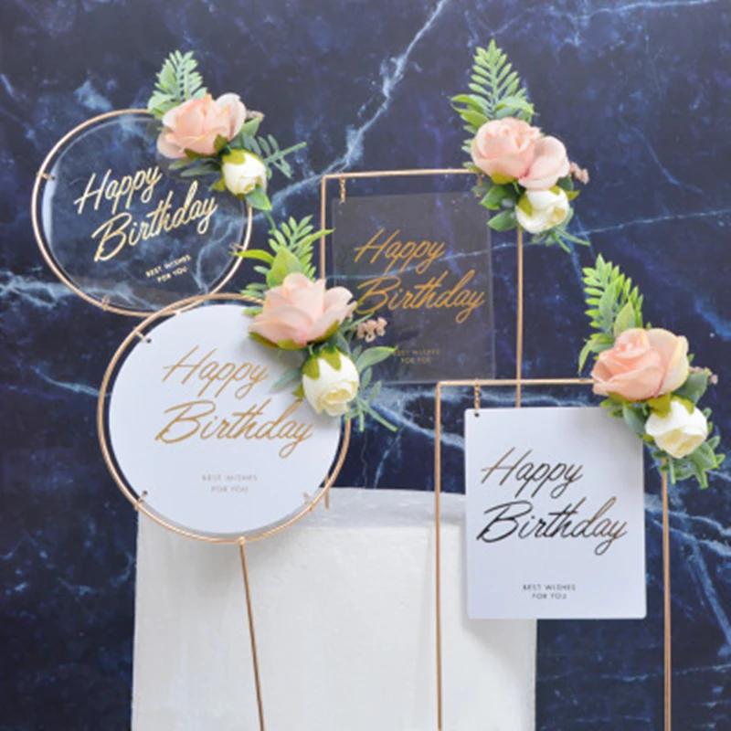 

Happy Birthday Cake Topper Decoration Mori Small Fresh Acrylic Simulation Gardening Flowers Bronzing Happy Birthday Cards Decor