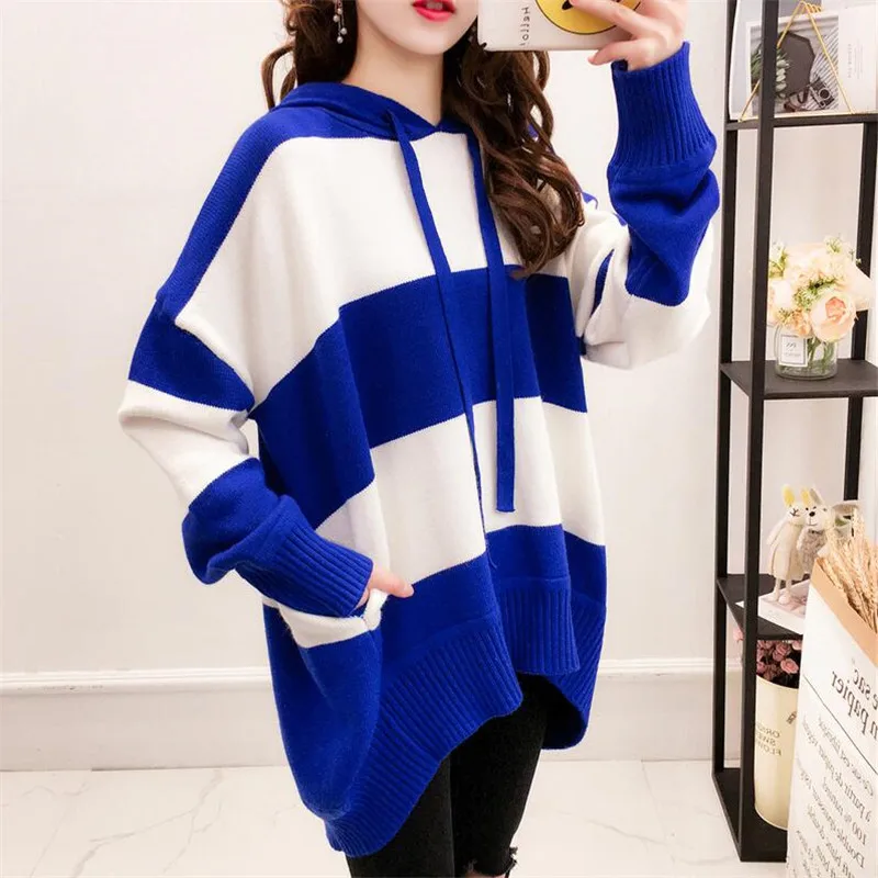 2019 осенний и зимний свободный свитер в полоску с капюшоном женский корейский