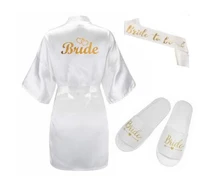 3pc set of glitter gold bride satin short bride robe slippers bridal sash peignoir women bridal party 2019 kimono robe