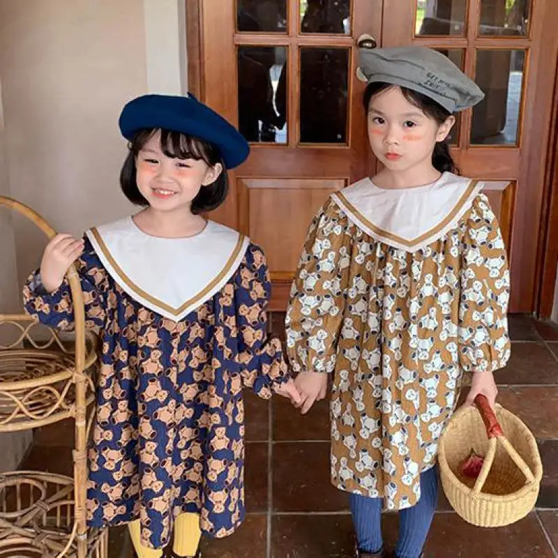 

Осеннее детское платье с рисунком медвежонка для девочек новое платье с длинными рукавами для малышей хлопковые платья трапециевидной фор...